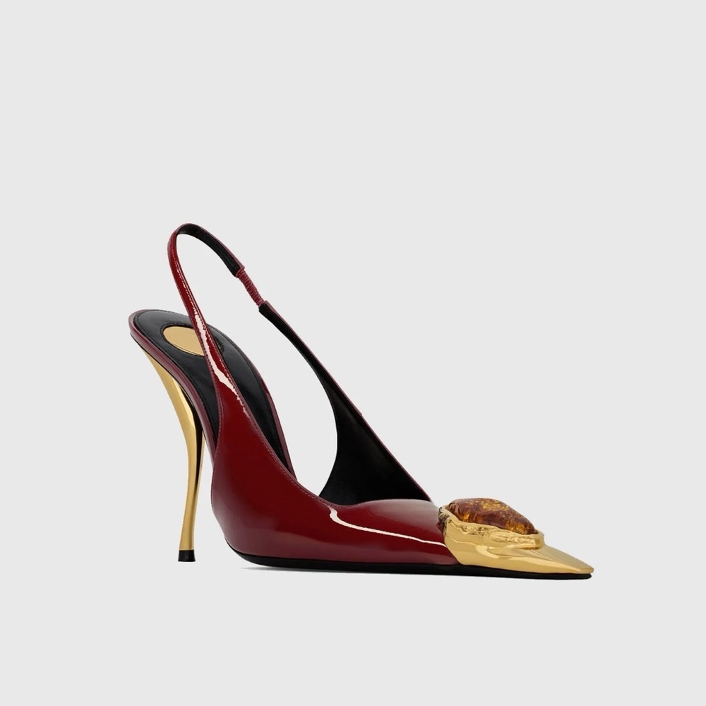 Chic Slingback Heels in Burgundy and Gold with resin cabochon steel toe cap